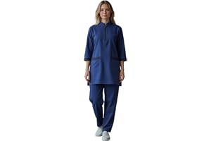 Women's Housemaid Uniform Set with Tunic Top and Matching Trousers, Quarter Sleeve, Mandarin Collar with Half Zip, Contrast Trim Pockets [BS49]