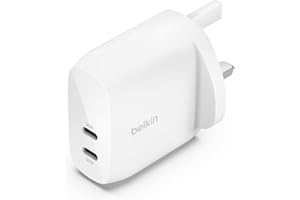 Belkin BoostCharge dual USB-C plug with PPS, 60W phone charger for iPhone 16 and other, iPad, Samsung Galaxy, Google Pixel, MacBook - compatible w/ USB-C to lightning cable & USB-C to USB-C - white