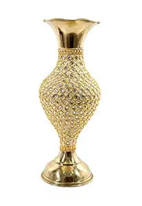 Skywalk Hand Crafted Metal Brass Flower Vase with Beads for Home Decoration (16 Inch, Gold)