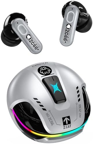 ZOMBIES CAT Cuffie wireless Bluetooth, cancellazione del rumore, cuffie Bluetooth con bassi profondi, wireless Bluetooth 5.4, luce RGB, cuffie sportive per Android iOS, B5 argento