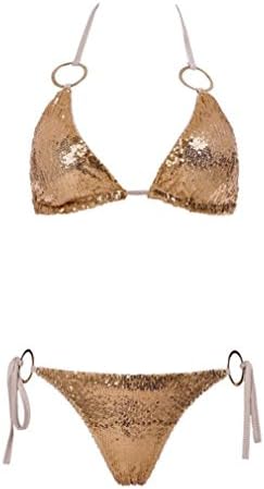 LILICAT Women Ladies Sequins Swimwear Two Piece Bandage Sling Bikini Set Gold Sequins Bling Push-up Padded Bra+Shorts Sexy Backless Deep V Swimsuit Beach Wear Bathing Fashion Casual Summer