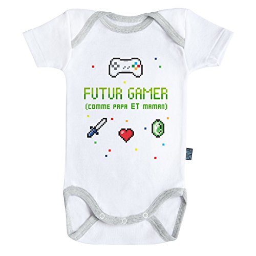 Baby Geek Futur Gamer comme Papa et Maman - Body Bébé Manches Courtes - Coton - Blanc - Coutures Grises (6-12 Mois)
