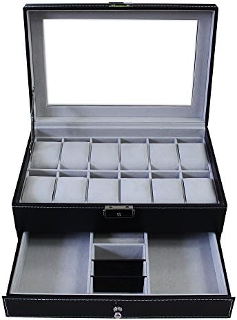 Todeco - Jewelry Watch Box , Watch Jewellery Display Case - Size: 30 x 20 x 14 cm - Box material: MDF - 12 watches, jewelry drawer and display, Grey