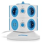 SAFEMORE Base Múltiple de Alimentación Vertical de 7 Tomas, Base de Carga con 2 Puertos de USB 2500W/10A con Interruptor, Regleta Múltiple con Forma de Cubo para Smartphones, Tablet, PC, MP3, MP4, PSP, GPS y Otros Dispositivos Electrónicos Digitales – Azul y Blanco