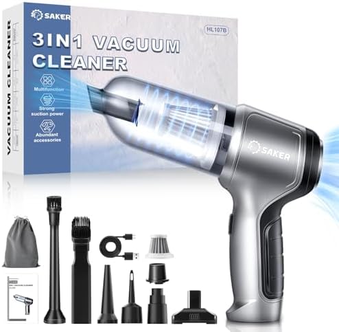 Saker Aspirapolvere a mano a batteria senza fili, 3 in 1, mini aspirapolvere con funzione di bolla e vuoto, 15000 Pa, potente aspirapolvere per auto, casa e peli di animali domestici