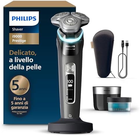 Philips Shaver i9000 Prestige, rasoio elettrico Wet & Dry, tecnologia Skin IQ, triplo sistema Lift & Cut, doppie lame in acciaio di precisione 360º, pod per pulizia rapida, modello XP9207/30