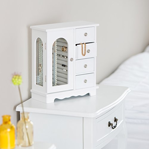 Relaxdays Schmuckkästchen mit Tür H x B x T: ca. 30 x 26 x 11 cm großer Schmuckkasten mit 4 Fächern Schmuckschrank aus Holz mit Schubladen und Spiegel Schränkchen mit Schmuckhalter für Ketten, weiß - 2