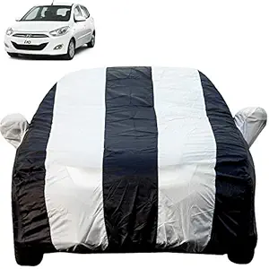 Autofact Car Body Cover with Mirror Pockets Compatible for Hyundai i10 (Triple Stitched, Bottom Fully Elastic, White , Blue Color)
