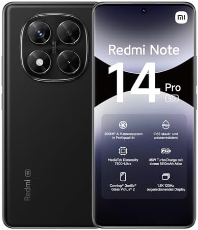 XIAOMI Smartphone Redmi Note 14 Pro 5G, 12+512GB, fotocamera AI da 200MP, IP68, ricarica turbo da 45W con batteria da 5110mAh, funzionalità AI (caricabatterie non incluso), Black