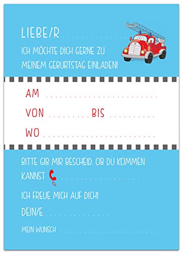 10 EINLADUNGSKARTEN zum Kindergeburtstag FEUERWEHR / FEUERWEHRAUTO Einladung Karte - 4