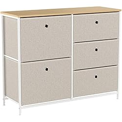 Suhu Meuble de Rangement Metallique avec 5 Tiroir Commode pour Salon Cuisine Bureau Entree Salle de Bain Armoire Chambre Tissus Design Pieds Réglables Bois+Acier Blanche+Beige