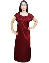 Indiatrendzs Women's Maxi Dress Satin Maroon Solid Night Wear Nighty With Robe XL