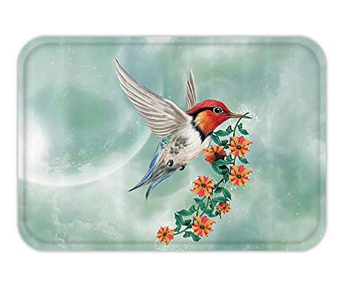 RAINNY Doormat HummingbirdDecoration Set A Hummingbird IFlying with A Flowered Branch Floral Nature Illustration Bathroom AccessorieOrange Green 23.6 W X 15.7 W inches