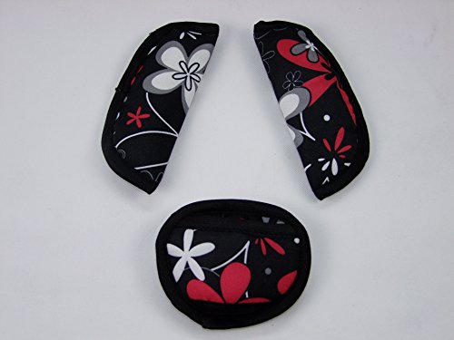Baby Dreams 3-Piece Seat Belt Pad and 1x Step for Maxi Cosi/Römer Set Universal Red/Grey Floral Design – Infant GRUPPE0 Ne