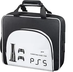 PSS PS5 Travel Bag Carrying Case Cover Protective Shoulder Handbag for Playstation 5 Console PS5 Disk/Digital Edition, Large Capacity Storage Bag for Games Accessories(Black&White)