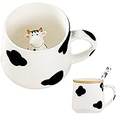 BigNoseDeer Bonita taza de café de cerámica de vaca con tapa de cuchara, bonita taza divertida de Navidad, cumpleaños, regalo