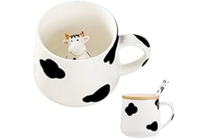 BIGNOSEDEER Prezenty dla kobiet urocza krowa kubek do kawy filiżanka do herbaty z pokrywką łyżeczki, kawaii, zabawne fajne kubki, walentynki, Dzień Matki, Halloween, prezenty świąteczne dla niej, żony, mamy