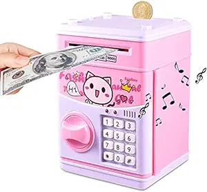 GOSK ENTERPRISE - Mini ATM Savings Piggy Banks Toys for Real Money Save for Kids Girls Boys Adults, Password, Auto Scroll Cash Safe Box Gifts for Children(Pink/Cat)