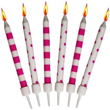 Polka Dots and Stripes Cake Candles With Holders 12's (Pink and White)