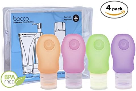 Bocco Leak Proof Squeezable Travel Bottles, Flight Cabin Approved Travel Accessories for Hand Luggage - Perfect for Liquid Toiletries - 4 Pack (All Medium 2 oz / 60ml Bottles) (Orange/Pink/Purple/Green)