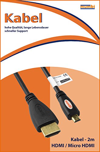 mumbi Premium High Speed Micro HDMI Kabel Full HD 3D / Micro HDMI D Stecker auf HDMI A Stecker – VERGOLDETE Kontakte 2m - 2