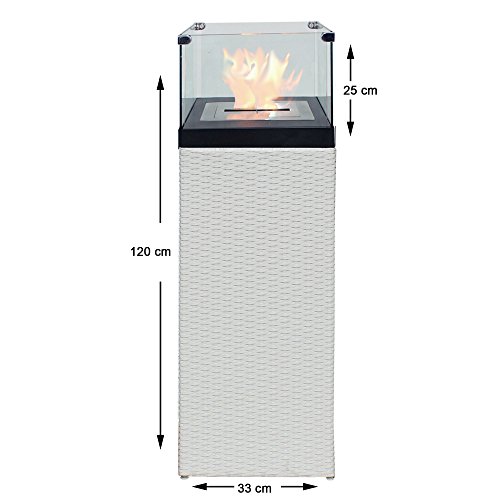 Bio Ethanol Feuersäule Feuerschale Feuerstelle Feuerkorb Kamin Ofen für Garten und Terrasse aus Polyrattan passend zu Sonnenliege und Gartenmöbel Farbe Weiss - 2
