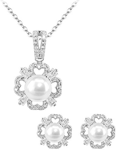 BiBeary Women elegant 925 Sterling Silver Zirconia Freshwater Pearl 4 Hearts Clover Flower Pieced Earring Pendant Jewellery Set
