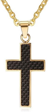 Heyrock Stainless Steel Carbon Fiber Cross Pendant Necklace with 50cm Free Chain for Men Women Daily Party Jewelry