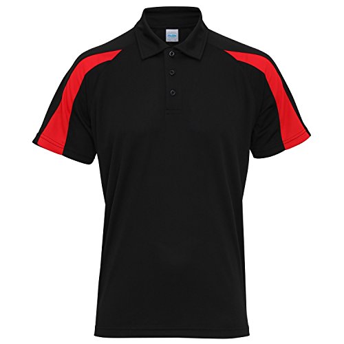 AWDis Just Cool - Polo transpirable de manga corta con franjasen contraste Hombre caballero - Verano/Deporte (Mediana (M)/Negro Jet/Rojo Fuego)