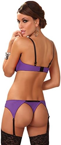 Sexy Purple black bra set underwire open cup bra suspender belt with thong bra bottom lace decoration lingerie set 8 10 12 14 16 UK (8 10 12)
