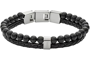 FOSSIL Bracelet perlé pour homme en acier inoxydable ou en cuir avec fermoir rabattable