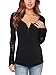 LATH.PIN Women's Casual Embroidery Lace V Neck Slim Tops Long Tee Shirt Blouse Shirt 8073 (Black,M)