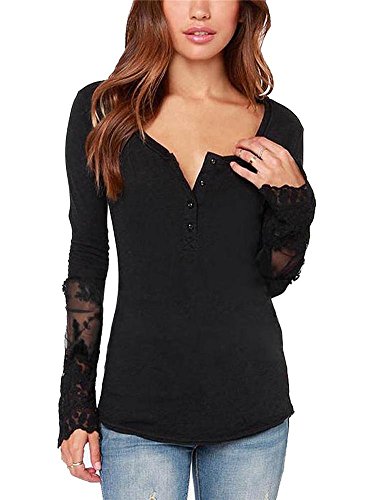 LATH.PIN Women's Casual Embroidery Lace V Neck Slim Tops Long Tee Shirt Blouse Shirt 8073 (Black,M)