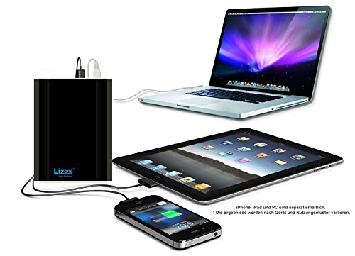 Lizone® Extra Pro Super Kapazität 40000mAh tragbar Externer Akku Batterie Power Bank Ladegerät mit Notizbuch, Laptop Apple MacBook Air , MacBook Pro , MacBook , Powerbook und iBook ; HP Compaq Pavilion , Mini, ElifeBook , ProBook , Presario , Neid und G; IBM Lenovo ThinkPad und IdeaPad; USB-Port für iPad Air, iPad Mini, iPad und iPhone ; Samsung Galaxy Nexus , MOTO , G, LG , HTC und Mehr -Aluminium Körper als Original MacBook Körper (nicht Kunststoff ) - 18 Monate Garantie (40000mAh Schwarz)