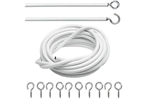 JKG® 2M NET CURTAIN WIRE CORD - 8 Pairs Hooks And Eyes Set | Cut To Any Size Shower Net Wire | Perfect Window Net Curtains | Long Voil Wire Cord Curtain Kit | Voile Curtain Wire Hooks Vine Eyes