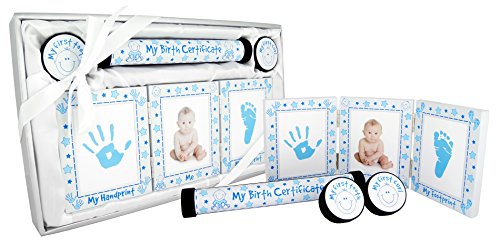 New Baby Boy Christening Gift 4 Piece Keepsake Set, First Curl and Tooth Box, Hand and Footprint Prints Kit, White Blue