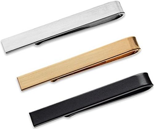 Tie Bar Cilp Set 5.5 CM Brushed Skinny Slim Neckties Silver, Black, Gold Gift-Boxed (2)