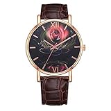 Damen Armbanduhr, Elegante Uhr mit Buntem Blumenzifferblatt und PU Lederband für weibliches Geschenk(Braun)