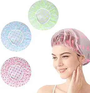 Sky Vogue (Pack Of 3) Waterproof EVA Plastic Shower Caps, Elastic Reusable Bathing Hair Cap, Beauty Salon Spa Shower Caps, Lace Elastic Band, Flower Printed Hat, Suitable for Adults and Children.