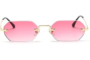 Ligoes - Lunettes de soleil rectangulaires pour hommes et femmes -Sans cadre - Forme octogonale - En métal doré - Polygone bleu marron - UV400