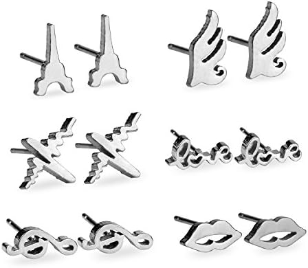 Luxusteel Stainless Steel Kiss,Fly Stud Earrings Piercing 6 Pairs,Gold/ Silver.
