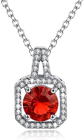 Birthstone Necklace Halo Diamond Ruby Red Cubic Zircon July Square Pendant Christmas Gifts for Her