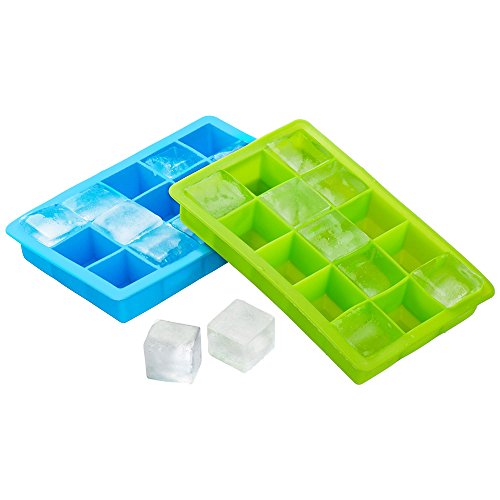Juego de 2 cubiteras, Uten bandejas para hielo silicona, 15 cavidades, color azul y verde