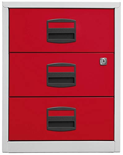 Bisley Home PBA Mobile Side Cabinet with 3 Universal Drawers, Metal, 506 Light Grey Body, Cardinal red Fronts, 40 x 41.3 x 52.8 cm