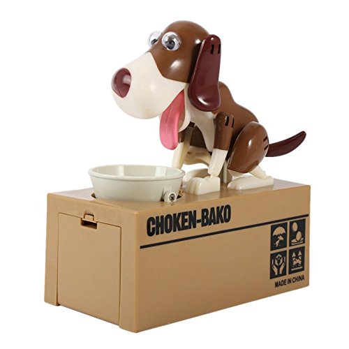 Silvercell Automatische Essen Münze Hunger Hunde Sparschwein Münze Sparen Geld Box Geschenk (Weiß+Braun)