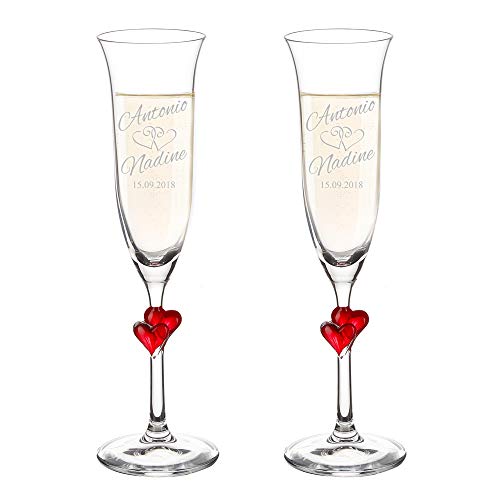 AMAVEL - Set de 2 flûtes à Champagne avec cur Rouge et Gravure pour Le Mariage - Motif curs - Personnalisées avec [Noms] et [Date] - Coupe de Champagne - Cadeau de Mariage - Volume : 175 ML