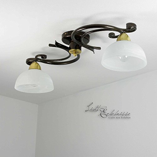 Gemütliche Deckenleuchte in Messing Weiß Floral 2x E27 bis zu 60 Watt 230V aus Glas & Metall Küche Esszimmer Lampe Leuchten Beleuchtung innen