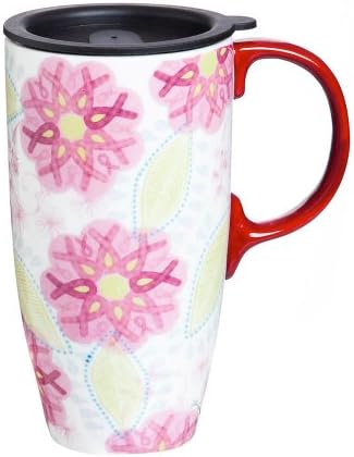Pink Ribbons Of Courage Ceramic Coffee Travel Cup With Gift Box
