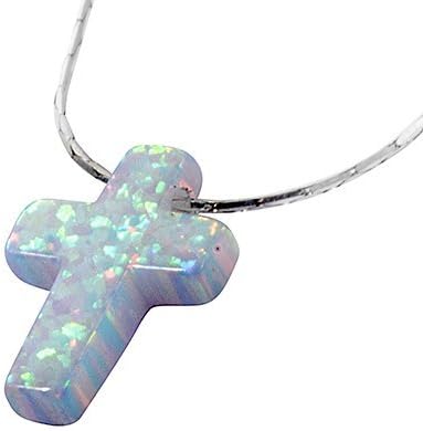Synthetic White Opal Cross Necklace Christian Charm Pendant with 18.9" 925 Sterling Silver Chain