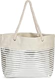 styleBREAKER Sac de Plage XXL pour Femmes avec des Rayures métalliques et Une Fermeture à glissière, Sac en bandoulière, Cabas 02012281, Couleur:Beige-Argent